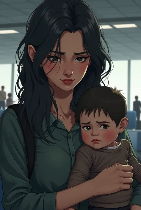 Create an image of a mother with a baby, She looks very tired and wants to run away taking a plane