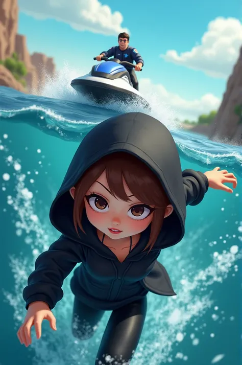 Make me an aquatic Barry prison break my character has a black blouse brown hair brown eyes and a black hoodie behind me a police officer thousand jet ski roblox style