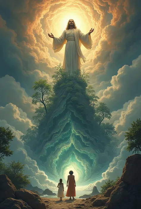 God (man), at the top, creating a wave of animals and trees, in the center two human beings