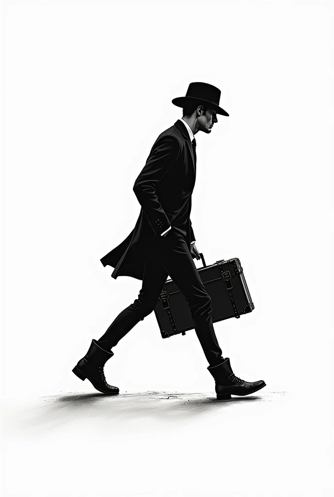 black and white hand drawing of a slim man walking sideways in boots, a hat and a trunk