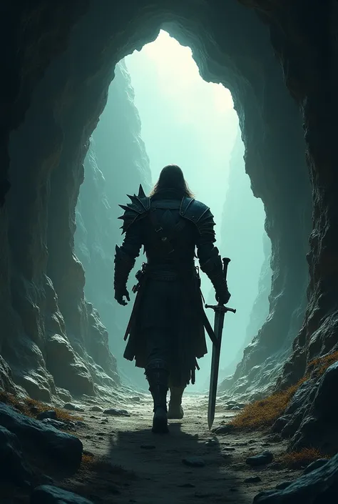 a warrior walking toward the light outside of the dark cave and behind him there is a darkness who wants to drag the warrior back