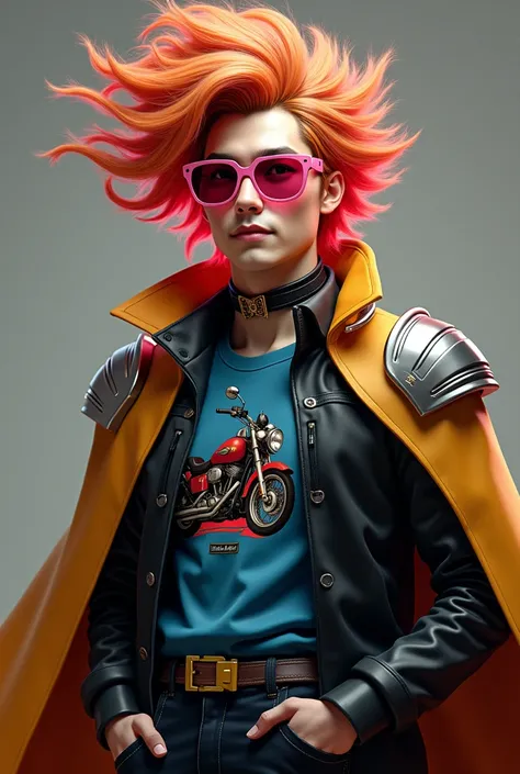 Hair like bacon, Caucasian skin, pink glasses, Black jacke, blue shirt with motorcycle print, SILVER SHOULDER PADS, golden cloak, black pants, red aura, naughty man 