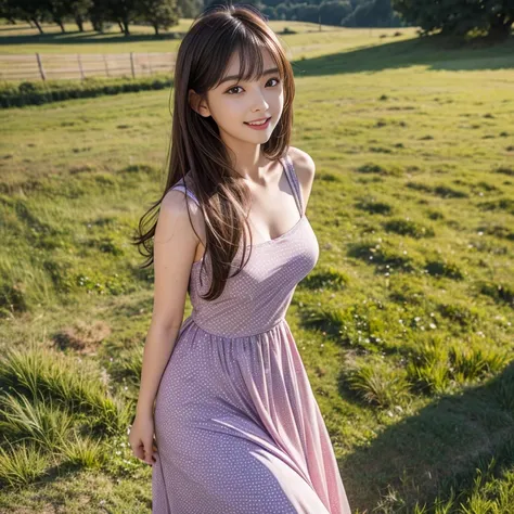 laughing out loud，knee shot, The background is grassland，1 female, light brown hair, blunt bangs, hair behind ears, Shoulder length hair, long hair, Slender body type, 超face slimming型, face slimming, delicate lips, beautiful eyes, Thin blush, Eyes are ligh...