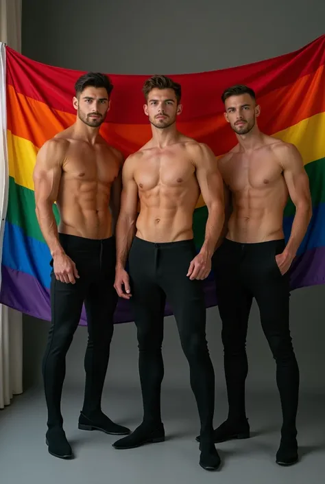 Three south Africa Handsome Guy Model Photoshoot  Wearing Stockings Up To Thighs Indoor, Full Body Angle, waving lgbtq+ flag and ultra HD