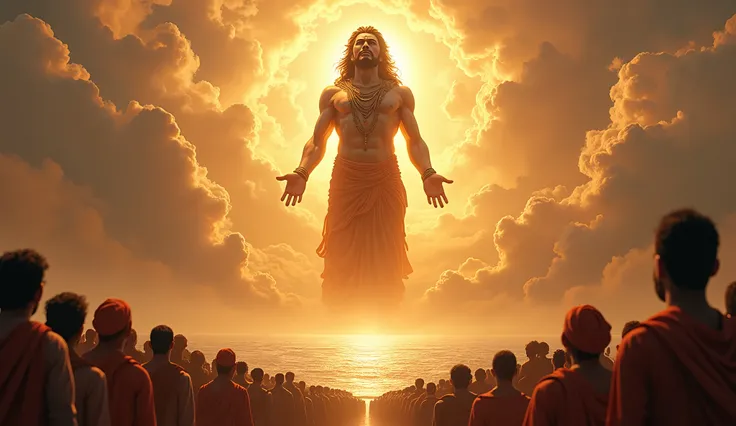 A majestic, towering figure of Hanuman appears in the sky, surrounded by glowing clouds. His form is powerful yet compassionate, with rays of golden light emanating from him. Behind him, a vast ocean ripples with energy, symbolizing his wisdom and strength...