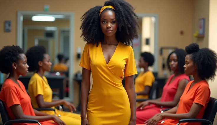 An african 30 year old women with curly hair ,healthy over weight fat face,with seriousness face,wearing long yellow dress with hairband on het head ,standing in hair salon ..6  girls wearing different long dresses sitting on chairs