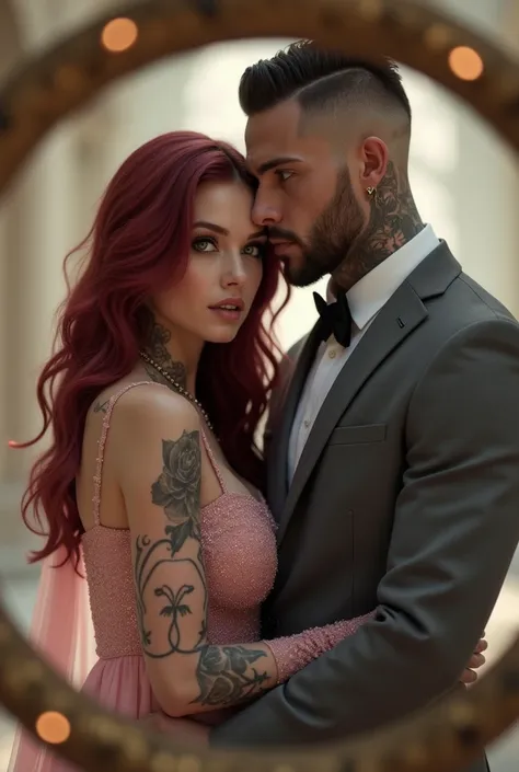 creates a realistic image with ultra realism in details and shadows of a woman with long, semi-wavy, deep red hair, green eyes, discreet natural freckles, gothic makeup, smoky eyes, proportioned lips with some tattoos and piercing on the nose, lips and che...