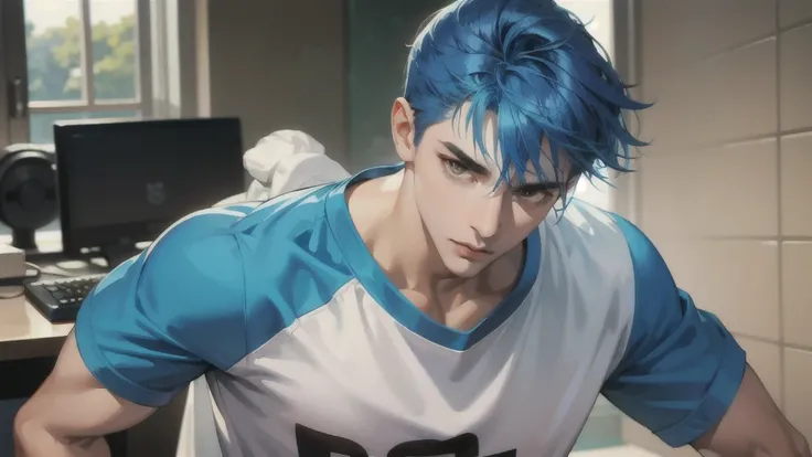 cool guy, with blue hair,brown eyes,slim body,with nice tshirt