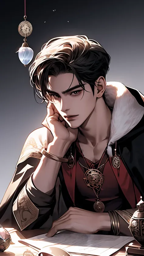 An Asian pretty boy wearing a cloak, with his face partially hidden by the hood, sitting at a table with a Feng Shui compass, tortoise shell, crystal ball, and other divination tools and books, set against a white background, mysterious and enigmatic atmos...