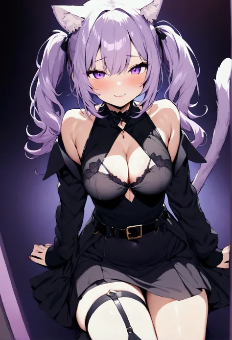 NSFW,masterpiece,Highest quality,High resolution,Very detailed,Cat porridge(Hololive),Purple Hair,Short Hair,Cat ear,tail,Purple Eyes,Black jacket、Off the shoulder、Single knee-high、Black Skirt、turtleneck、Diamond Cutout、Cleavage cutout、belt、Thigh straps、Twi...