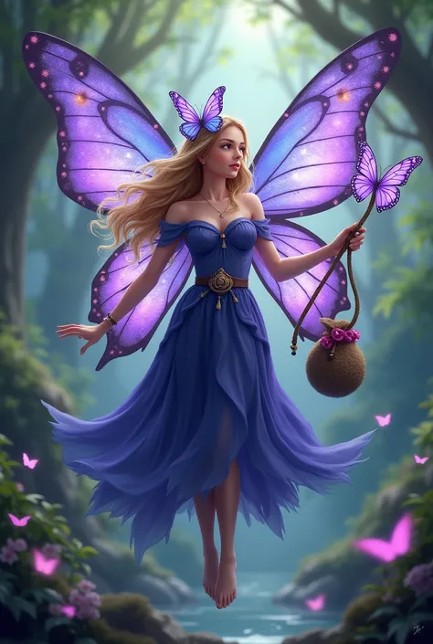 A fairy witch with violet butterfly wings, blue dress, blondie hair. His weapon is a wand with a butterfly on the end., and a bag with magic portions