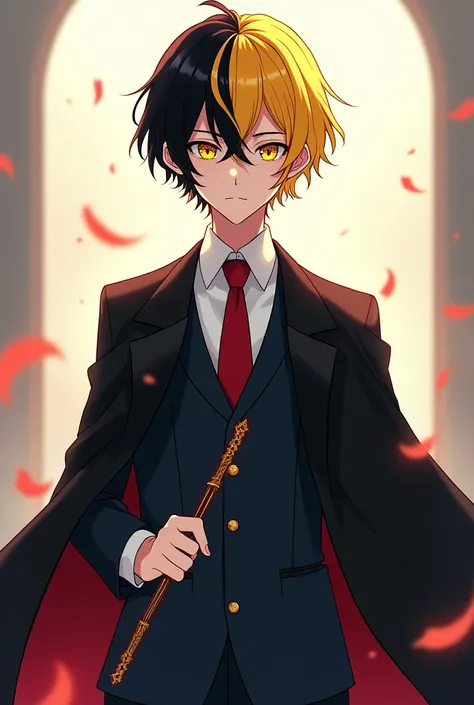 A boy of about 16 or  anime hair half yellow and half black with yellow eyes Finn Ames style color suit a white shirt and a red tie and black pants with a black kimono and that is tall like 1=78 tall anime mashle version and looks like finn ames and has a ...