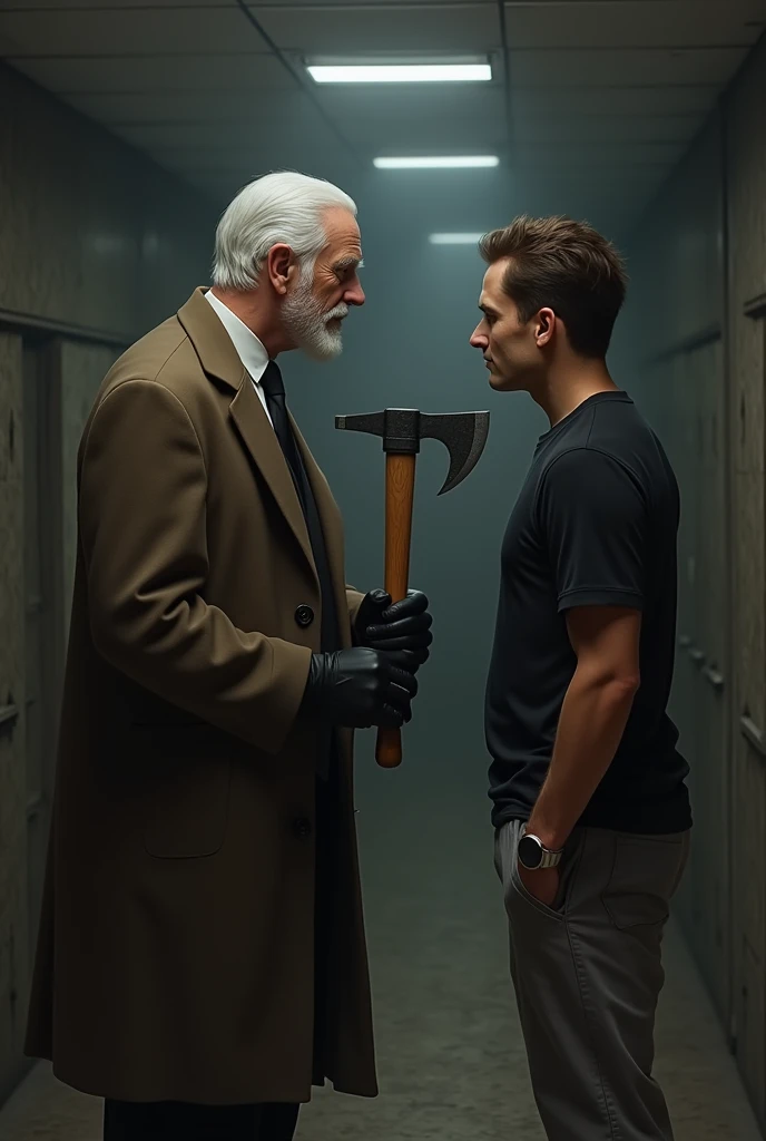 White hair man, average size, combed back, black necktie, brown overcoat, Black Glove, holding an axe, smiling from the corner.
Finding your past self, brown tuft, Black shirt and gray pants.
The two facing each other 