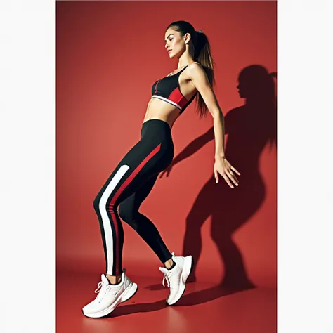 This image shows a person wearing a black top with red and white accents and leggings with a white stripe down the side, against a red background. The person is in a dynamic pose, suggesting movement or exercise. The face is obscured for privacy.
