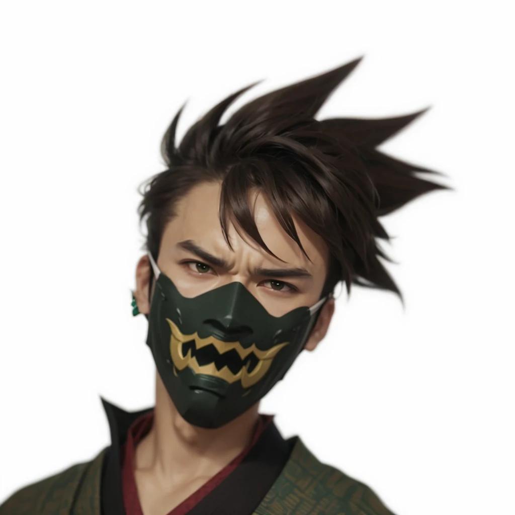 ((dark green mask)), brown hair, samurai style demon mask, masterpiece picture, sharp picture, high definition picture, anime semi-realism, ((male))