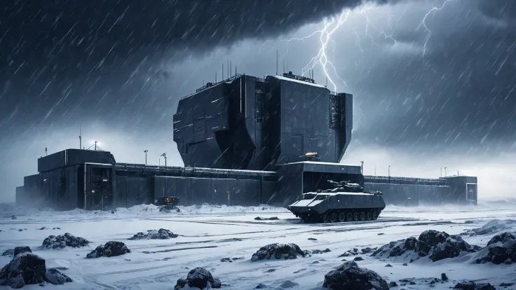 dark futuristic military base in a blizzard storm, dark blizzard storm clouds, snow, winter background