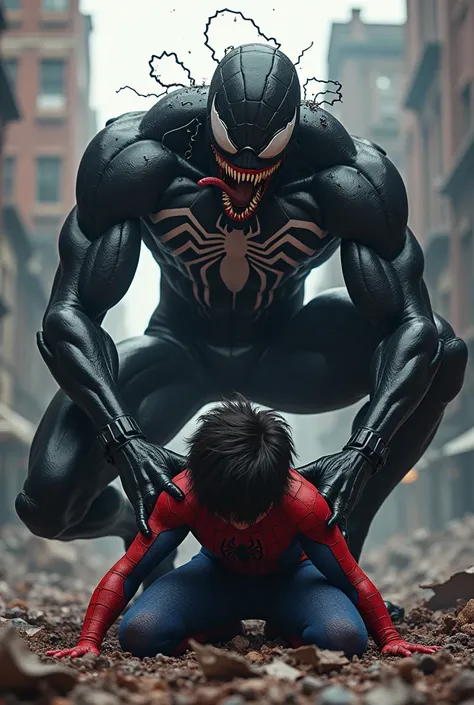 Deku being slaughtered by Spiderman with the Venom symbiote 