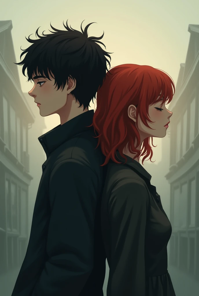 A 512x800 pixel cover for a romance story featuring a boy with black hair and a girl with red hair standing back to back with their eyes closed. It needs to be melancholic and convey the message of true love.. realisitic