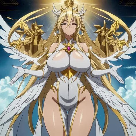 "an anime-style highly detailed image of a female angel with exaggerated proportions and curves, inspired by fantasy characters ...