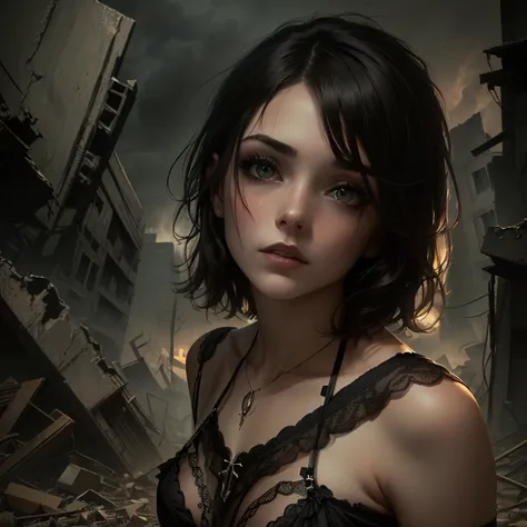 woman in lingerie, short hair, gothic and an apocalyptic and devastated background