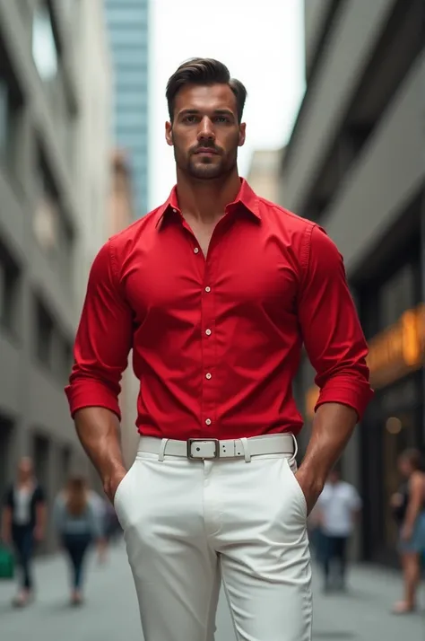 a man wearing a red shirt and white trousers