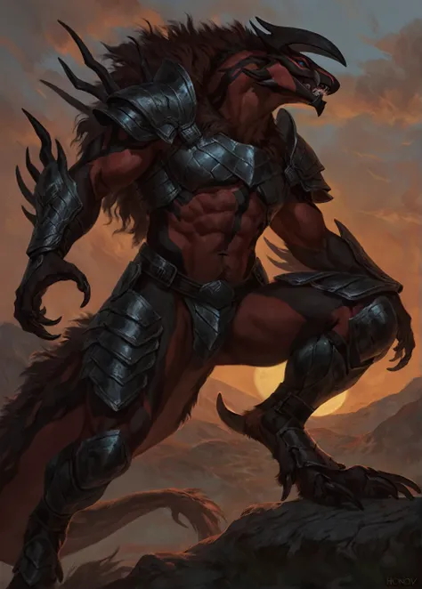 Yveltal warrior, dragonborn, comic book style, illustration, solo, abs, ferocious, male, [[badass pose]], masterpiece, best art, full body, plantigrade, by oouna, by laobai, by taran fiddler, by honovy, armor, detailed eyes, detailed fur, armor, detailed t...