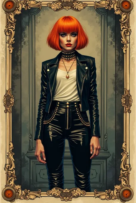 tarot aesthetics with line drawing, the submissive diva is the victim in the ritual,trousers: rivets studded vinyl, skinny leather jacket, Leather collar with spikes,  posing, vintage frame, orgasm, bob haircut,orange hair, heels