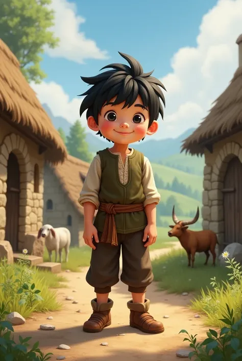 happy boy with black hair and eyes, medieval peasant