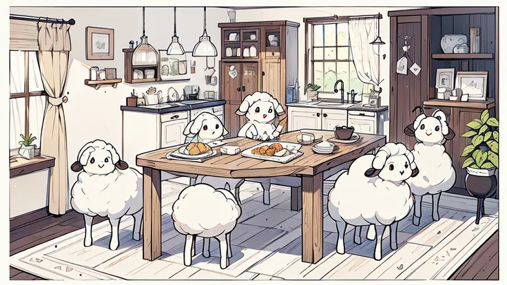 line art，black and white，masterpiece, high quality, (an anthropomorphic lamb)，(an anthropomorphic sheep mother)，kitchen，dining r...