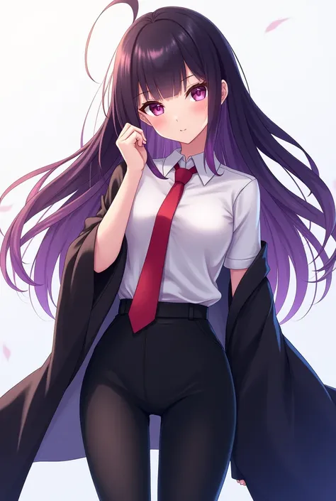 An anime girl who has long, loose hair with black bangs on top and purple at the ends and who has a white shirt and a red tie and black pants and a black kimono and who is the height of Lemon Irvine from the Mashle anime and who looks . 