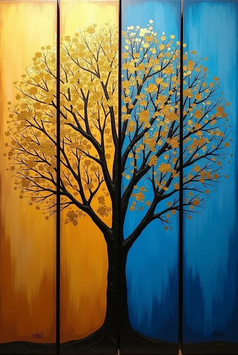 "A four-panel abstract painting of a tree with gold leaves. The first three panels display the tree against a golden, textured background, while the fourth panel features a bright blue backdrop, creating a striking contrast. The artwork should evoke a sens...