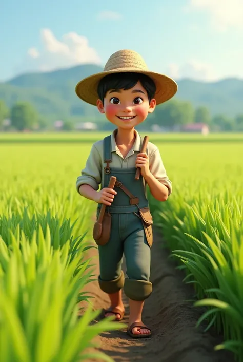 In 3d age  rice farmer (age about 20 years old)  planting rice on ricefield (emotion : smiling face)