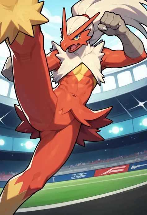 score_9, score_8_up, score_7_up, score_6_up, break source_anime, blaziken, pokemon, 1male, solo, angry, kicking, kicking at view...