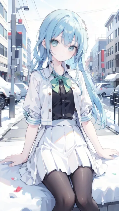 best quality,ultra-high resolution,1 girl,solitary,whole body,snow,city,, blue hair,green eyes,jk,uniforms,