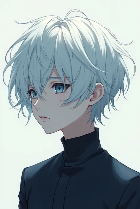 anime guy with white hair, blue sad eyes, semi realistic looking to the side partially 