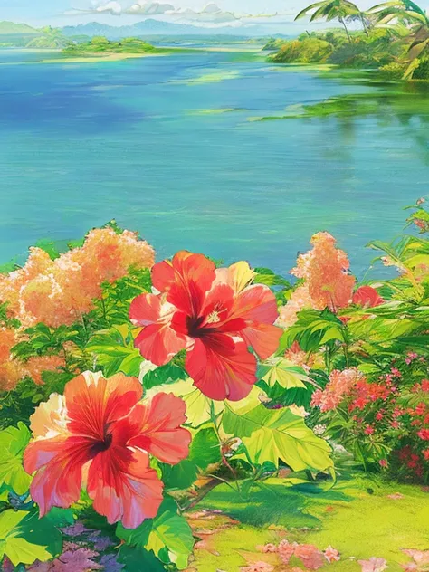 tropical art with a hibiscus motif, tropical hibiscus, ((mixed color hibiscus:1.2)), feel the summer, summer landscape, ((master...