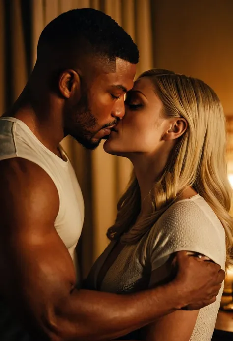 Caucasian actress Olivia Taylor Dudley and a handsome African American male whose facial features are a combo of Broderick Hunter + Charles Michael Davis share a steamy kiss inside a bedroom lit only by candlelight. Olivia has lovely makeup on her face. Ni...