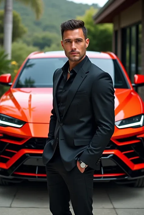 The 30 year old stud boy who own Lamborghini urus and standing infront of the car in pose to get captured by the photographer. In background car is fully watchable 