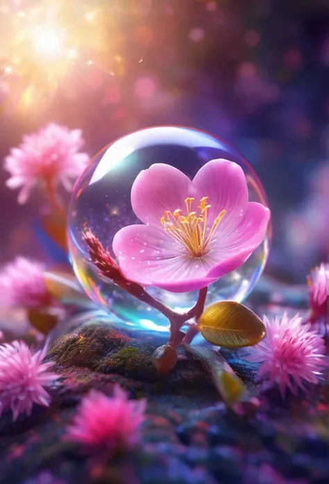 crystal spring blossom,
fantasy, galaxy, transparent, 
shimmering, sparkling, splendid, colorful, 
magical photography, dramatic...