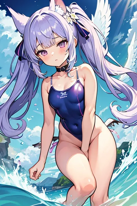 (masterpiece,best quality,ultra-detailed), an anime girl who is, calm angel. She has lavender long hair with straight bangs and high ponytails, periwinkle eyes, eurasian eagle-owl ears and wings, wearing magic girl swimsuit and ankle straps, barefoot, crou...