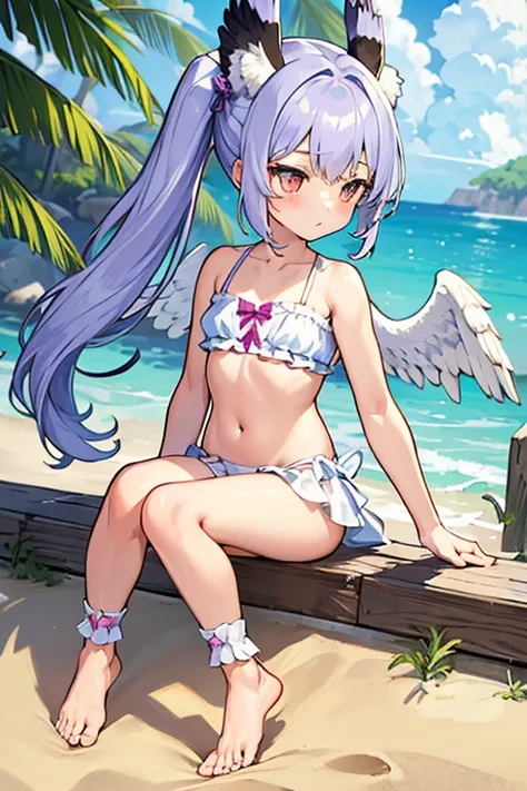 (masterpiece,best quality,ultra-detailed), an anime girl who is, calm angel. She has lavender long hair with straight bangs and high ponytails, periwinkle eyes, eurasian eagle-owl ears and wings, wearing lolita swimsuit and ankle straps, barefoot, crouch d...