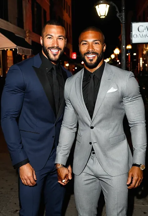 Lebanese American actress Sam Doumit and a handsome African American male whose facial features are a combo of Charles Michael Davis + Omari Hardwick + Broderick Hunter enjoy an evening stroll. Both are smiling. Both are dressed attractively for a night on...