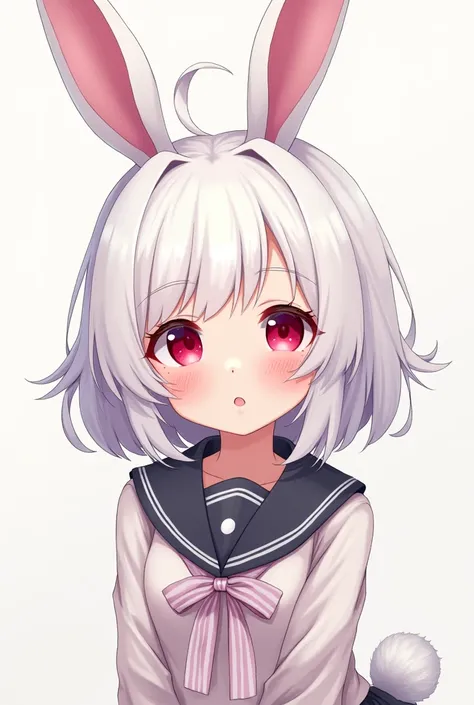 Anime girl with white hair and bunny ears, red eyes, shy blush, school uniform