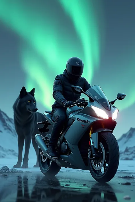 A young man in profile with a helmet on a black Kawasaki motorcycle with the name on his chest "YOEL" and in the background a large white full moon with colorful northern lights and on the side a huge black wolf  