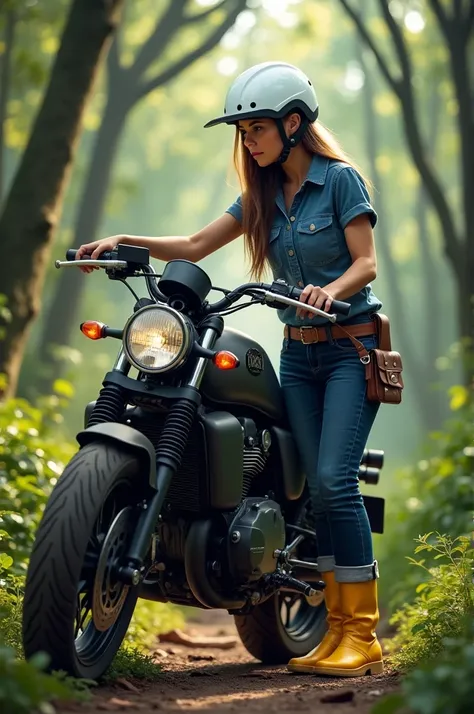 Avatar thin mixed race woman engineer,  long brown hair , White helmet , blue shirt with dark jeans and yellow boots . Leaning on a high-displacement motorcycle with a cell phone in hand, inspecting a forest  