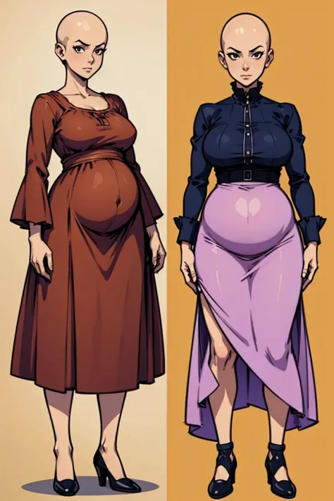 digital anime art, highly detailed, reference sheet, standing pose, feminine features, mature woman, adult female, full figure, pregnant, whole body, bald, form-fitting, sun dress, smock, long skirt, shoes, 1woman, solo, upper body, lower body, ((Extremely...