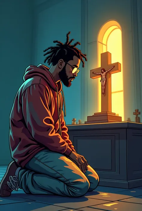 Young man dressed as a white-skinned rapper, dreadlock hair, glasses and beard cartoon kneeling in front of jesus eucharist