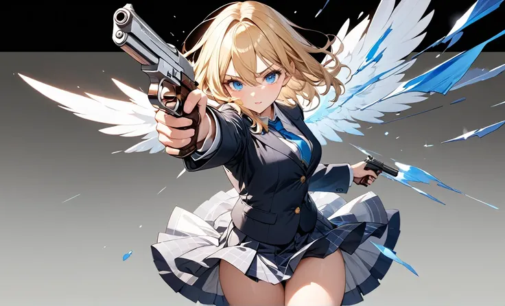 Highest quality, masterpiece, High resolution,Transparent background,Blonde,blue eyes,Aiming with a handgun while flying,Panties are visible through the skirt