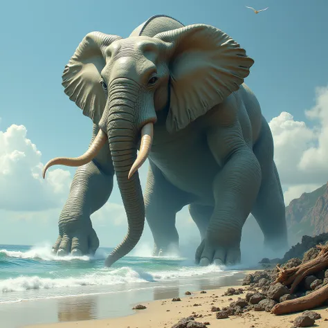 Realistic Elephant face in snake body with muscles as a monster on top of the Seashore