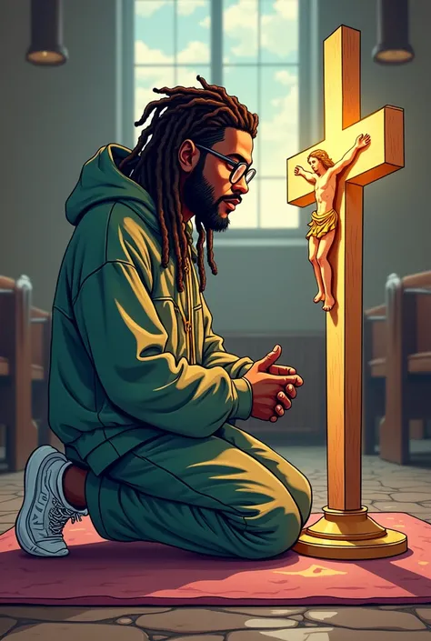 Young man dressed as a white-skinned rapper, long dreadlock hair, glasses and beard cartoon kneeling in front of jesus eucharist